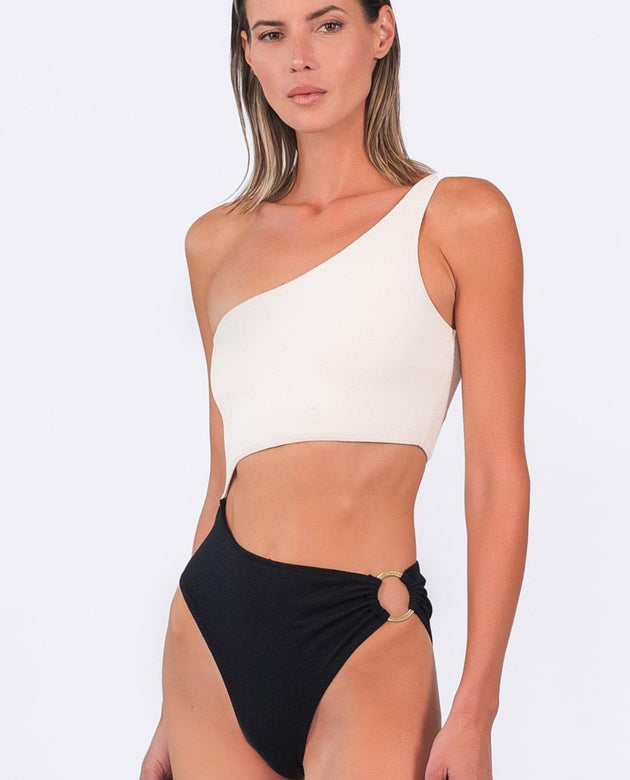 Riviera One - shoulder One - piece | Black and Off - white - Acqua de Luxe Beachwear