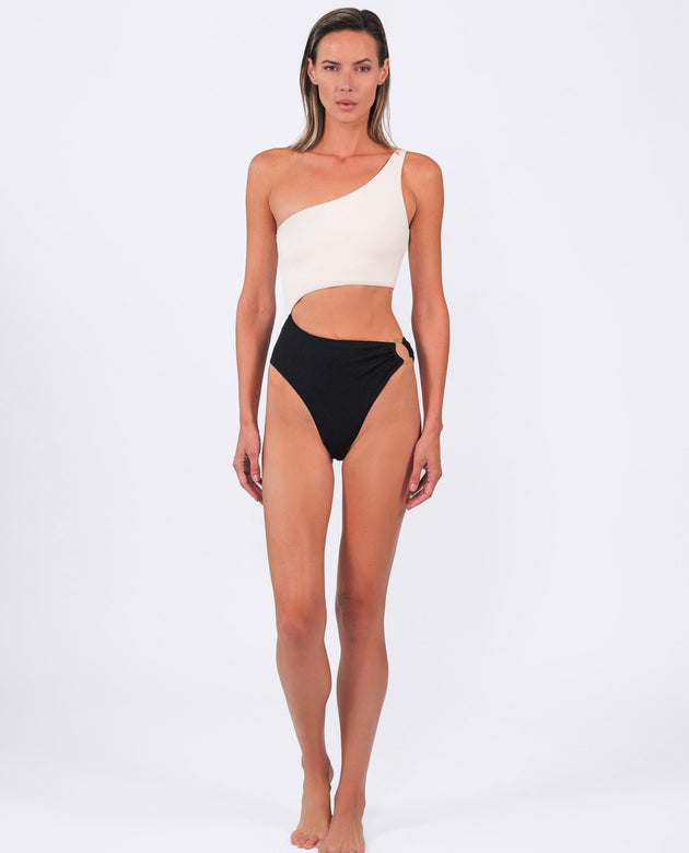 Riviera One - shoulder One - piece | Black and Off - white - Acqua de Luxe Beachwear