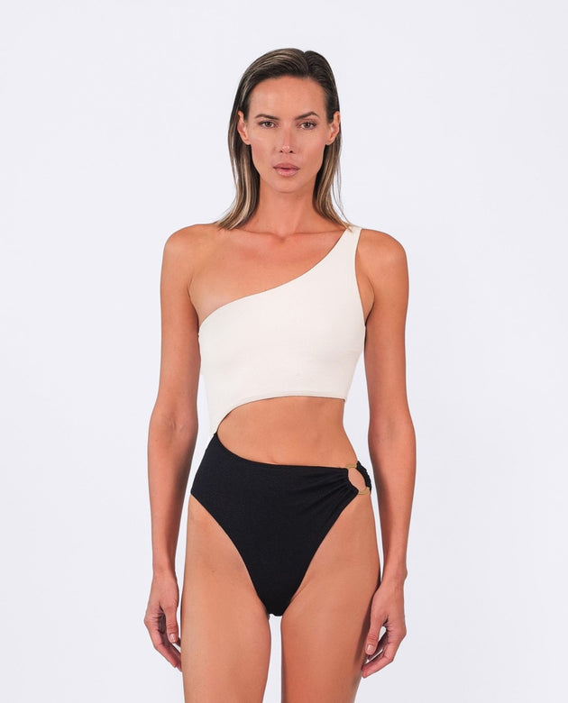 Riviera One - shoulder One - piece | Black and Off - white - Acqua de Luxe Beachwear